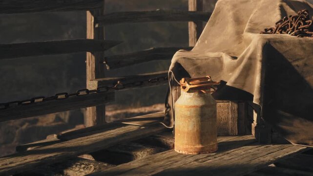 A weathered container sits on a wooden platform surrounded by rustic boards and chains. The scene shows the light falling softly on the object.