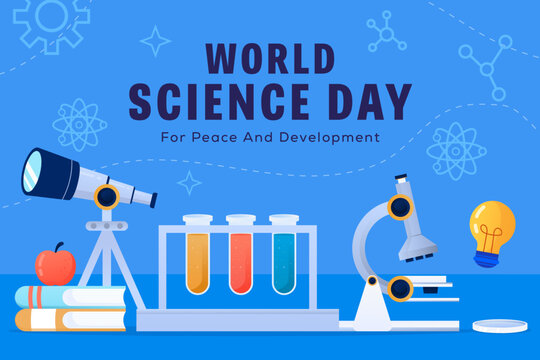 World Science Day Landscape Banner with Telescope and Chemistry