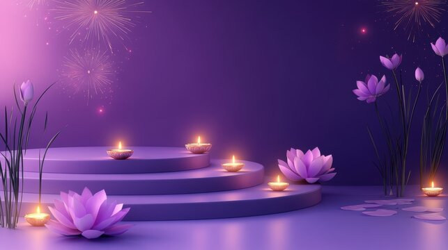 Banner design for diwali festival and podium,Diwali light decoration candle with fireworks,Stage,Product display Showcase design sparkle background,Deepavali,Dipavali,3D podium illustration.