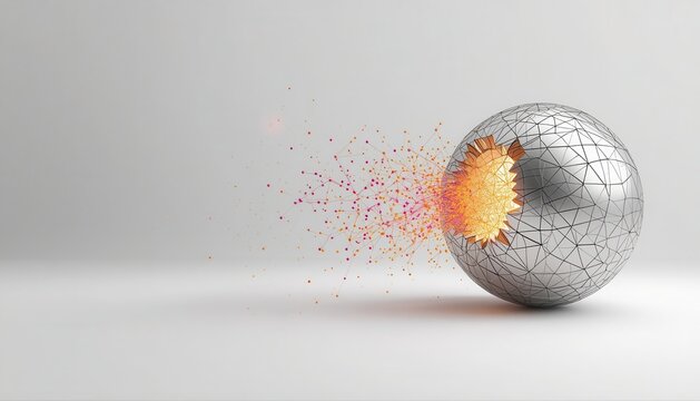 Metallic silver sphere dissolving into glowing orange and red particles on a light studio background with glowing debris dissolving ball metallic globe particle explosion abstract destruction