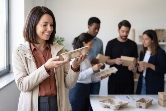 Diverse business team evaluating eco-friendly packaging materials for new product development