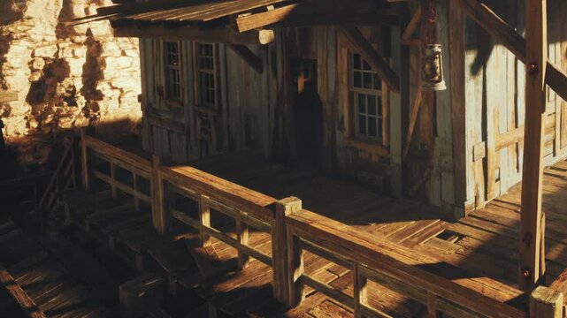 A wooden structure stands by the water. The sun sets, casting shadows on the dock. The building appears weathered and has windows and a door open.