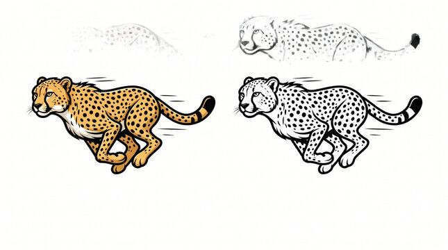 Two Identical Fast Running Cheetah in Full Stride &ndash; Colorful and Black-and-White Vector Set