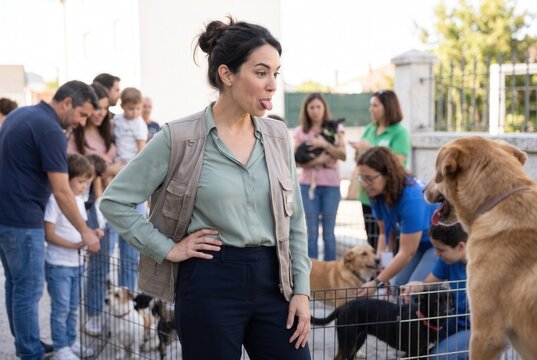Woman volunteer making a funny face while interacting with dogs at an outdoor animal shelter event
