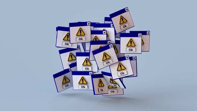 Mouse pointer clicking a confirmation button, triggering numerous warning windows to appear. Concept of cascading software errors, system malfunction, and technical failure. 3D Render Animation