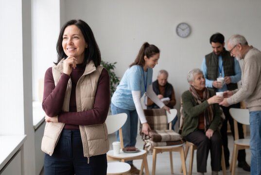 Woman standing with a group of volunteers assisting elderly people in a community center