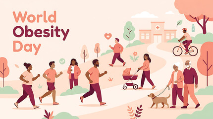 Fototapeta premium World Obesity Day promotes healthy lifestyle activities like running walking cycling and dog walking in park