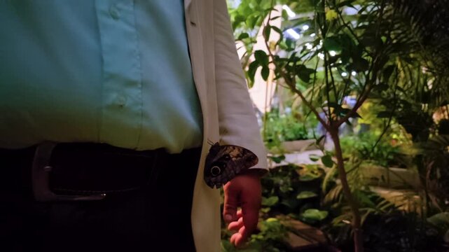 A Latino man, identified as a gerontologist, interacts happily with a monarch butterfly perched on his suit. The video concludes with an educational display about butterfly aging in a lush conservator