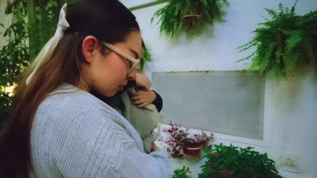 A young Latina mother holds her 2-year-old baby, visiting a butterfly conservatory. They watch beautiful butterflies feeding on a fruit plate, enjoying their time at the Chapultepec Zoo.