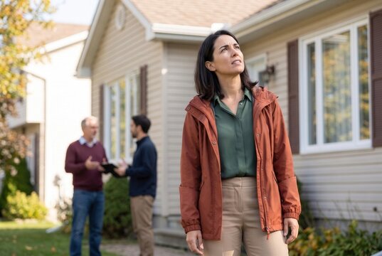 Woman looking concerned while buying a house, with real estate agent and inspector in background