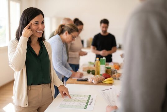 Woman smiling and pointing at a meal planning chart during a nutrition workshop