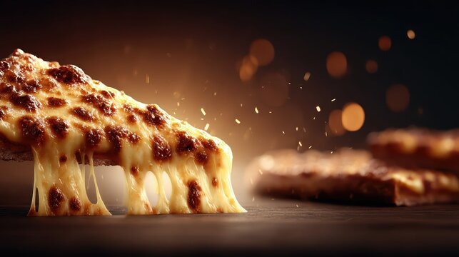 A pizza slice is lifted, showcasing a dramatic cheese pull and irresistibly melted mozzarella. Warm cinematic lighting highlights the gooey, photorealistic texture.