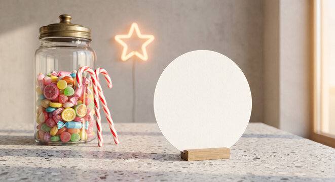 Blank round white card on a wooden stand next to a glass jar full of colorful candies, candy canes, and a glowing neon star in the background.