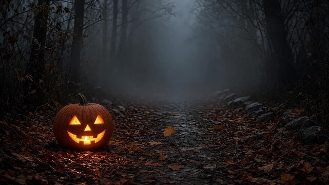 Spooky Halloween pumpkin in misty forest, glowing jack o lantern on dark woodland path, eerie autumn night scene with fog