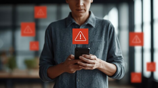 A person examines an incoming call on a smartphone amid floating red warning icons. Dramatic lighting enhances the mobile scam and alert concept in an office.