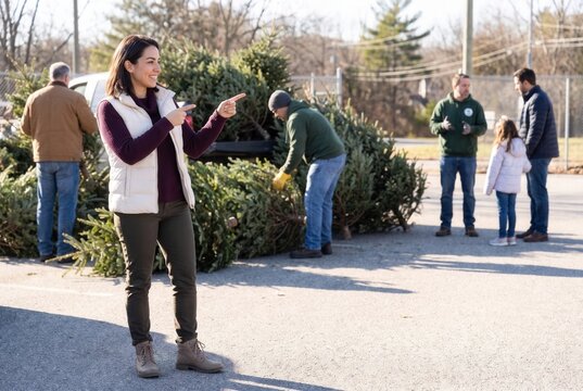 Woman pointing while selecting a christmas tree with family at an outdoor holiday farm