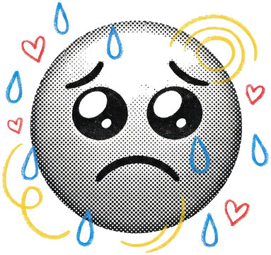 Sad sweating face emoji halftone pop art illustration