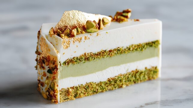 A luxurious slice of pistachio mousse cake with gold leaf accents. This elegant dessert features creamy layers and a decadent nutty crunch for an indulgent treat.