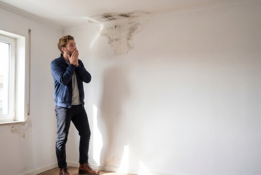 Man reacting to extensive water damage and mold on a ceiling in a home