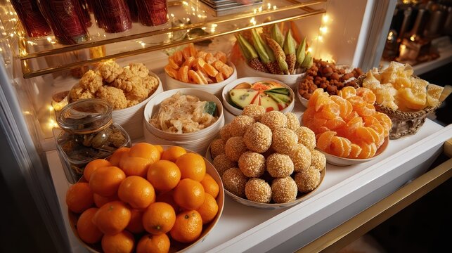 A vibrant assortment of traditional Asian snacks and fresh mandarins arranged in bowls. This festive display features citrus, sesame balls, and sweet treats ideal for celebrations.