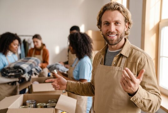 Happy man working at a charity drive, helping others by collecting donated goods