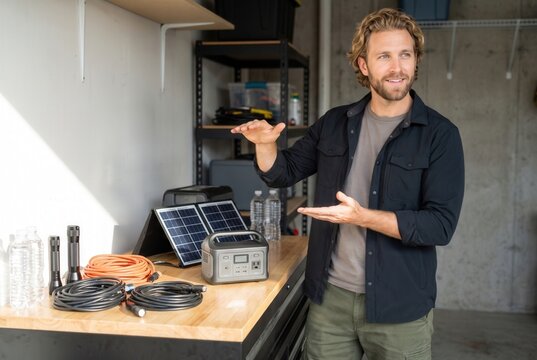 Man presenting a collection of portable solar panels and power station for emergency preparedness