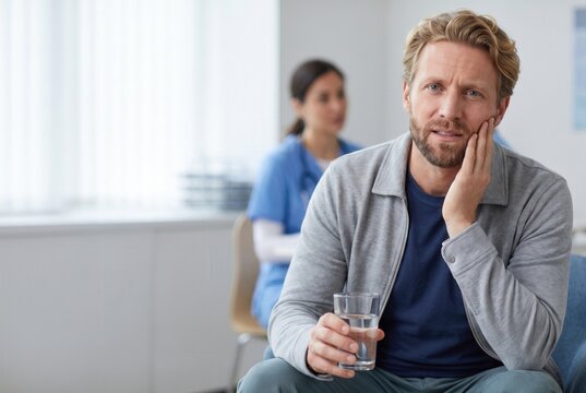 Man experiencing dental pain holding a glass of water, waiting for treatment
