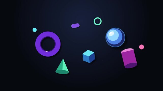 Animated 3d abstract geometric shapes loop, cylinder sphere cone torus moving, pixel art style
