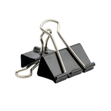 Two black metal binder clips with silver wire handles arranged together isolated on a transparent background