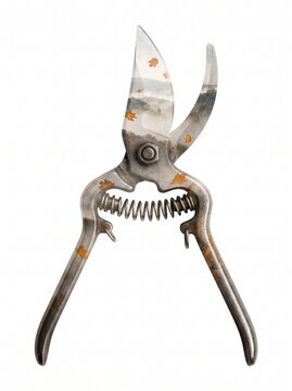 Pruners featuring aged metal handles and a spring mechanism are displayed against a clean background.