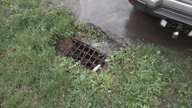 Storm drain with flowing water at roadside surrounded by green grass and wet asphalt surface next to parked vehicle bumper showing damp conditions and street drainage system