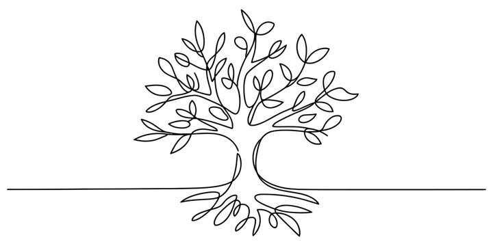 Continuous single line drawing of a tree with roots and leaves