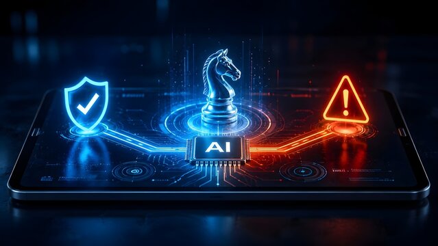 Digital tablet displaying an AI processor and holographic chess knight balancing cybersecurity protection against system threats and risks