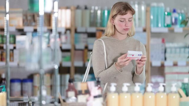 Attentive young woman customer choosing paracetamol in large chemistry in winter. High quality 4k footage