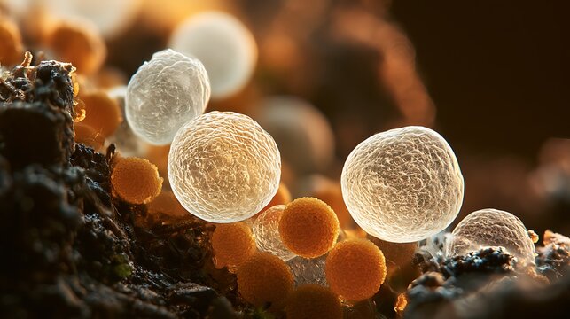 Macro view of slime mold spores growing on decaying wood