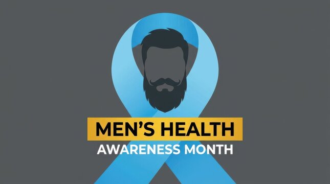 Mens health awareness month graphic with bearded man silhouette and blue ribbon for prostate cancer prevention aim.