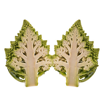 Two halves of a fresh romanesco broccoli showing intricate fractal patterns and light green fibrous texture isolated on a transparent background