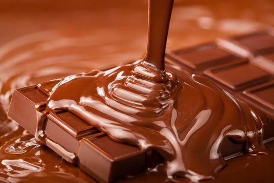 Melted chocolate pouring over a chocolate bar, creating a rich and decadent texture