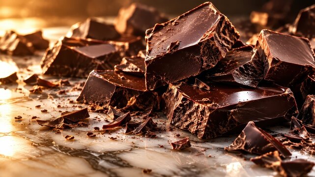 Broken dark chocolate pieces on a marble surface