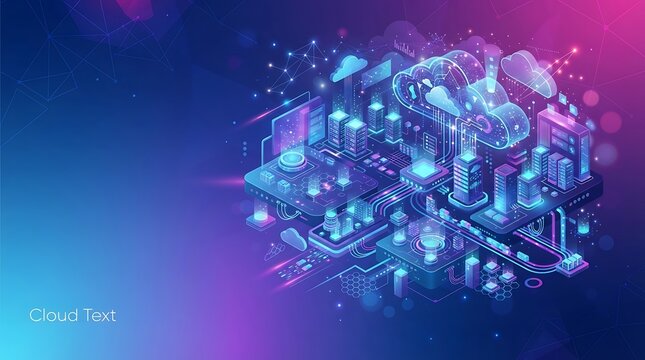 Isometric illustration of cloud computing infrastructure with glowing digital server connections and data processing elements.