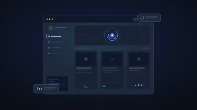 Futuristic dark mode dashboard interface, digital software UI with data visualization. Abstract tech control panel with glowing elements.