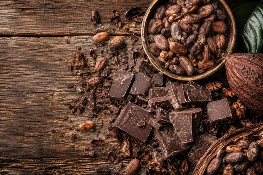Chocolate bar pieces and cocoa beans on a rustic wooden table, ready for making desserts