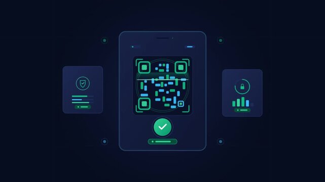 Futuristic QR code scanning animation on smartphone, digital security verification interface, neon green cyber authentication process