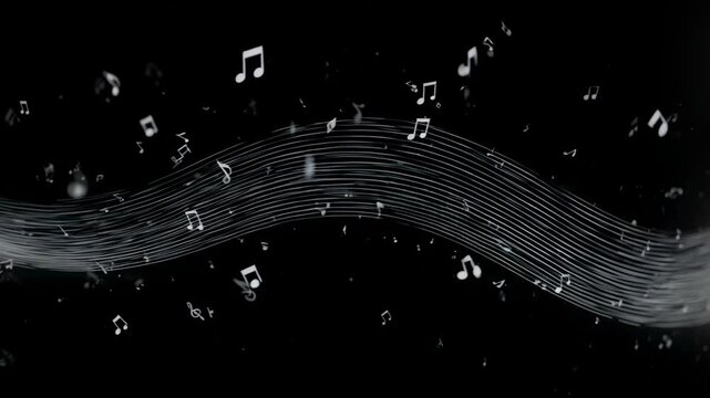 Abstract musical notes flowing with elegant light waves during a dark night creating a harmonious symphony concept