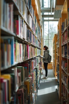 Student browsing books along tall library shelves in a bright academic library during daytime, searching for study resources and knowledge for research, learning and higher education development