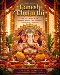 Fototapeta premium Ganesh Chaturthi celebration with Lord Ganesha idol, decorated with flowers and lights, inviting blessings and prosperity
