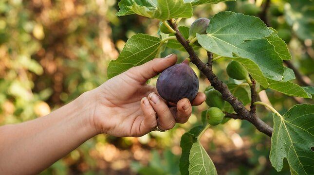 A person picking a fresh ripe purple fig from a tree branch in the garden.