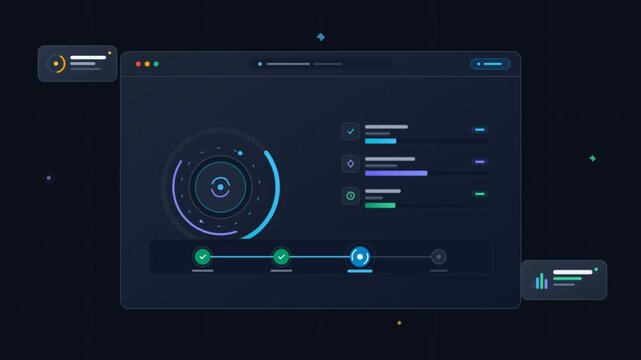 Futuristic data dashboard interface, digital analytics UI with neon HUD elements, dark tech software control panel for cybersecurity