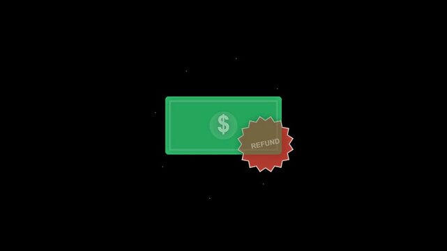 Animated cash refund icon with loading circle and dollar bill on black background.