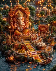 Fototapeta premium Grand Ganesha idol decorated with lights and offerings, celebrating Ganesh Chaturthi festival with devotion and joy